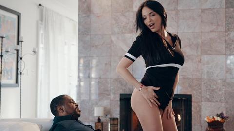 Busty babe rides a monster cock and gets cum on her tits