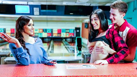 A wild bowling alley threesome get completely messy