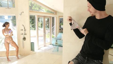 Sneaky neighbor sniffs her panties before getting cum on his face