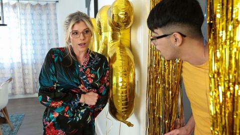 Busty stepmom rides her stepson for a wild New Year creampie