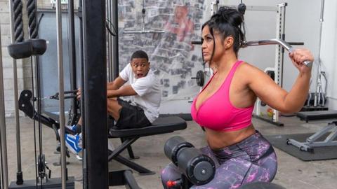 Busty gym MILF gets humped hard by a young black cock