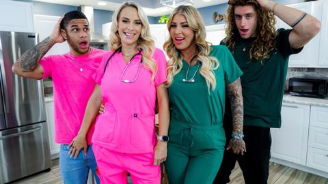 Slutty nurses trade job advice for a wild couch foursome