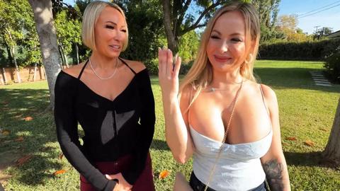 Wild outdoor FFM scene with two busty blondes and messy cumshots