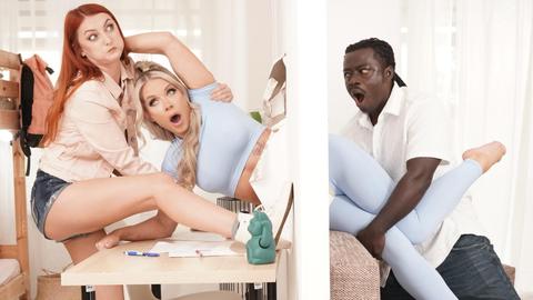 Busty blonde Miss Sally rides a massive black cock on the couch