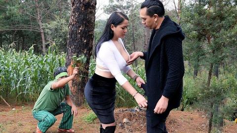 Big booty MILF and her stepson hook up in the woods