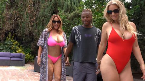 Two busty cougars take turns with a huge bbc poolside