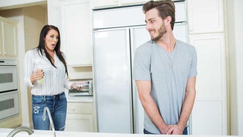 Reagan Foxx in lingerie and heels gives a young guy a facial