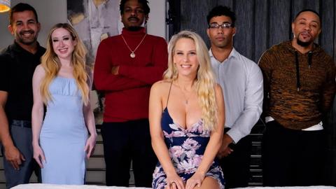 These blondes take a massive interracial creampie gangbang