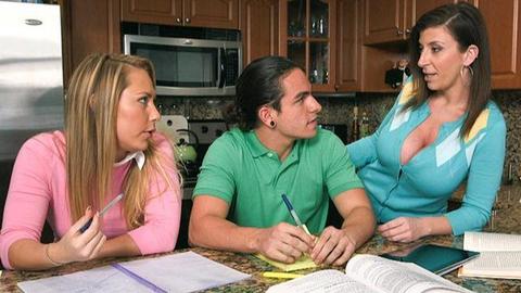 Busty stepmom catches stepdaughter with her boyfriend and joins in