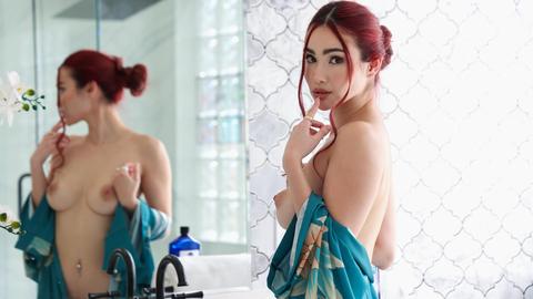 He finishes their steamy bath lesson by cumming on her big tits