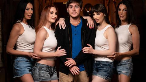 Two older women take on three huge cocks outdoors