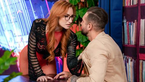 Tattooed redhead Sophia Locke gives him full control and takes a cumshot