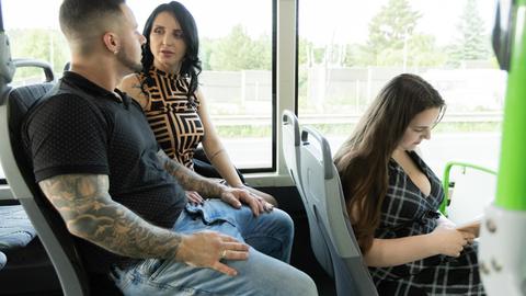 Big tits, stockings, and a huge cock on a crowded bus
